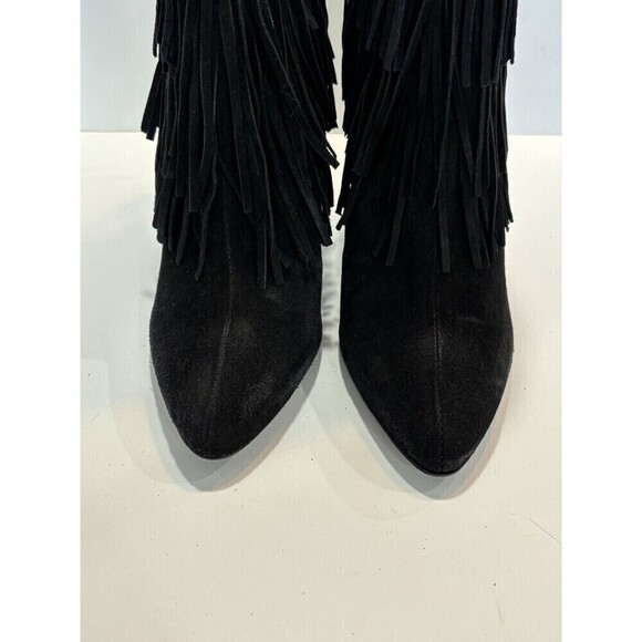 ZARA WOMENS BLACK LEATHER SUEDE FRINGED HIGH HEEL ANKLE BOOTS SZ 38 US 7.5 - Picture 5 of 13